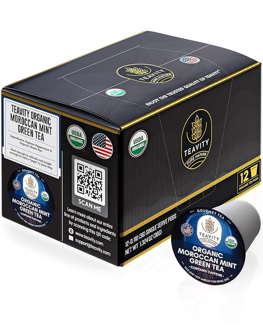 Organic Moroccan Mint Tea and Green Tea Pods for Keurig - Caffeinated Unsweet Tea for K Cup Brewing by Teavity (12 Tea Pods)
