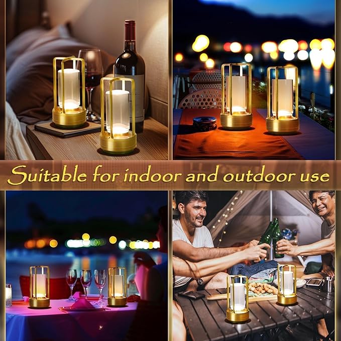 Crystal Lantern Lights Set of 2, Czgor Battery Operated Rechargeable Cordless Crystal Table Lantern Lamp with 3-Color, Small LED Desk Lamp for Indoor/Outdoor Patio Camping Bedroom Bar Restaurant(Gold)