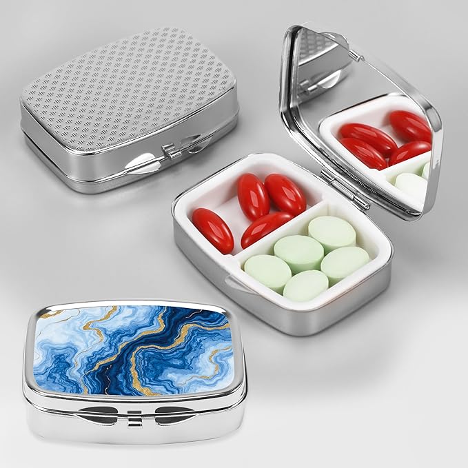 Dynippy Pill Case Pill Box with Mirror Retro Pocket 2 Compartment Medicine Case Vitamin Pill Organizer for Pocket Purse and Travel (Silver-Blue Gold Marble)