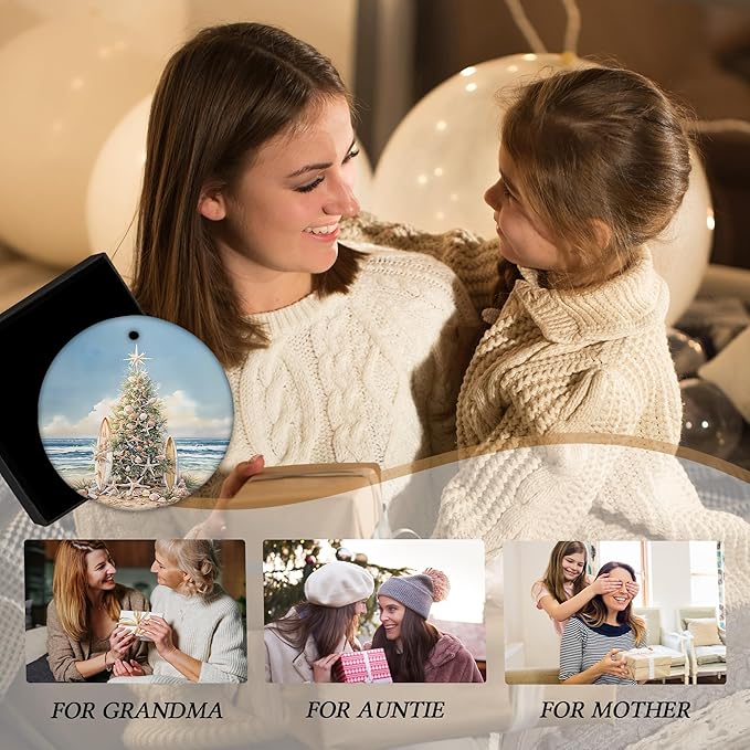 Coastal Beach Christmas Ceramic Ornament Gifts, Ocean Beachy Seashell Christmas Decorative Hanging Ornaments for Xmas Tree Holiday Party Decoration, Coastal Beach Xmas Tree Decorations