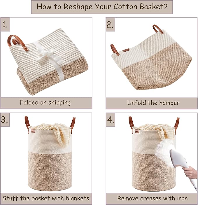 62L Woven Rope Hamper Laundry Basket for Clothes Hamper in Living Room Bedroom Bathroom for Nursery Kids Brown Large Tall