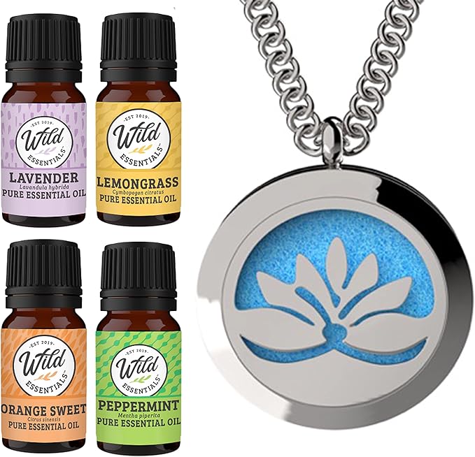 Wild Essentials Open Lotus Flower Necklace Essential Oil Diffuser Kit, Lavender, Lemongrass, Peppermint, Orange Oils, 12 Refill Pads, Aromatherapy Gift Set, Customizable Color Changing, Perfume