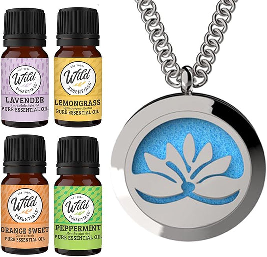 Wild Essentials Open Lotus Flower Necklace Essential Oil Diffuser Kit, Lavender, Lemongrass, Peppermint, Orange Oils, 12 Refill Pads, Aromatherapy Gift Set, Customizable Color Changing, Perfume
