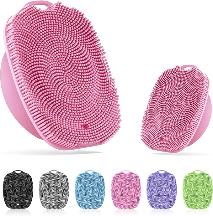 Soft Silicone Body Scrubber, Gentle Like a Hand Exfoliating Your Skin and Build Up Lather, Back Large Suction Cup Easy to Store, & Deep Clean (Body Scrubber + Face Scrubber Pink)