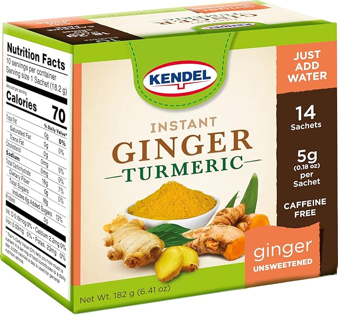 Kendel Instant Ginger Teas (Ginger-Tumeric Unsweetened, 14), Caffeine Free, Soothing flavor, Non-GMO