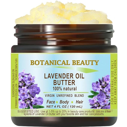 Botanical Beauty LAVENDER OIL BUTTER 100% Natural Lavender Essential Oil in Shea Nut Butter for FACE, SKIN, BODY, HAIR, NAILS. Beauty Skin Moisturizer Oil Butter. (4 Fl Oz)