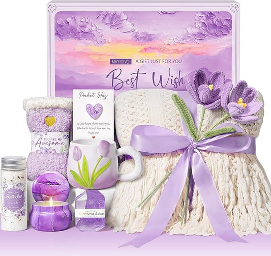 Birthday Gifts for Women Self Care Set Get Well Soon Gift Baskets, Relaxing Lavender Spa Gift Basket Care Package for Women, Unique Christmas Mom Gifts for Her Girlfriend Sister Friend Wife Grandma