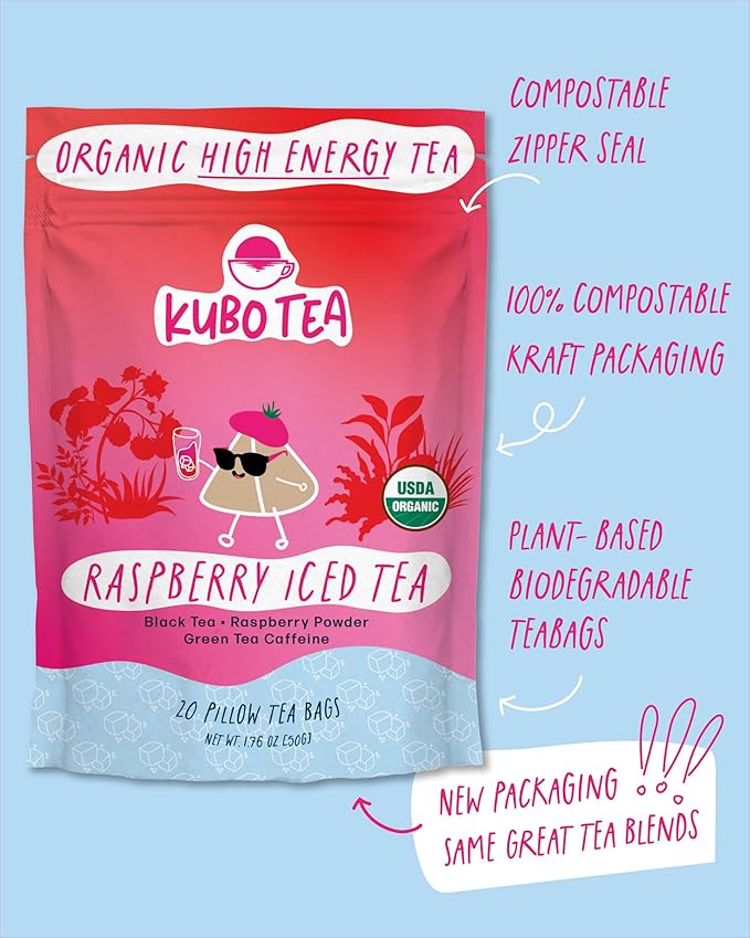 Kubo Tea Organic High Energy Iced Tea - High Caffeine Raspberry Blend - Healthy Coffee Substitute w/ 20 Servings (155mg Caffeine each) - Great for Hot & Cold Brew, Pillow Bags, Compostable Packaging