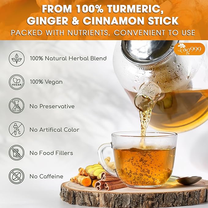 TOG999, Premium 20oz/330 cups Ginger Turmeric Cinnamon Loose Leaf Herbal Tea. Improve Digestion, Support Brain, Weight, Skin and Sleep. Premium Quality Spiced Blend. No Sugar, No Caffeine, No Gluten, Vegan.