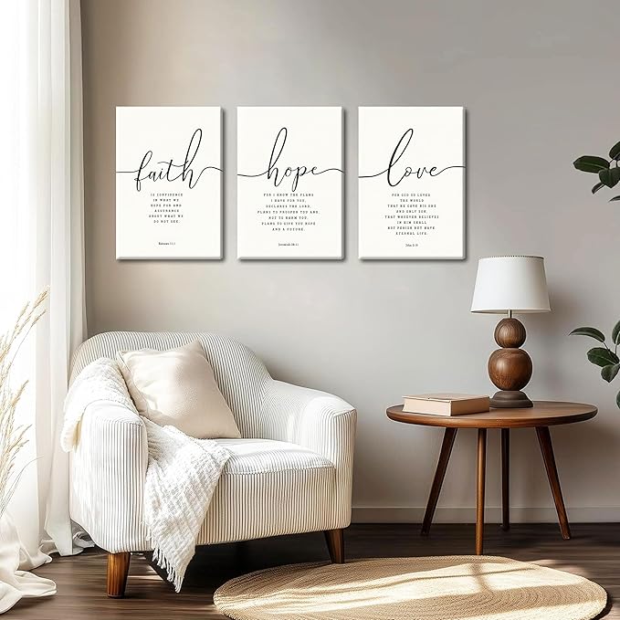 Farmhouse Bible Verses Wall Decor for Living Room - Minimalist Christian Scripture Wall Art Set of 3, Faith Hope Love Canvas Prints Religious Decor for Bedroom Office 12x16 inch Framed