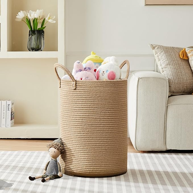 80L Extra Large Jute Woven Hamper Laundry Basket Wicker Rope Clothes Hamper for Baby Nursery Kids Tall Rattan Blanket Basket in Living Room Bedroom