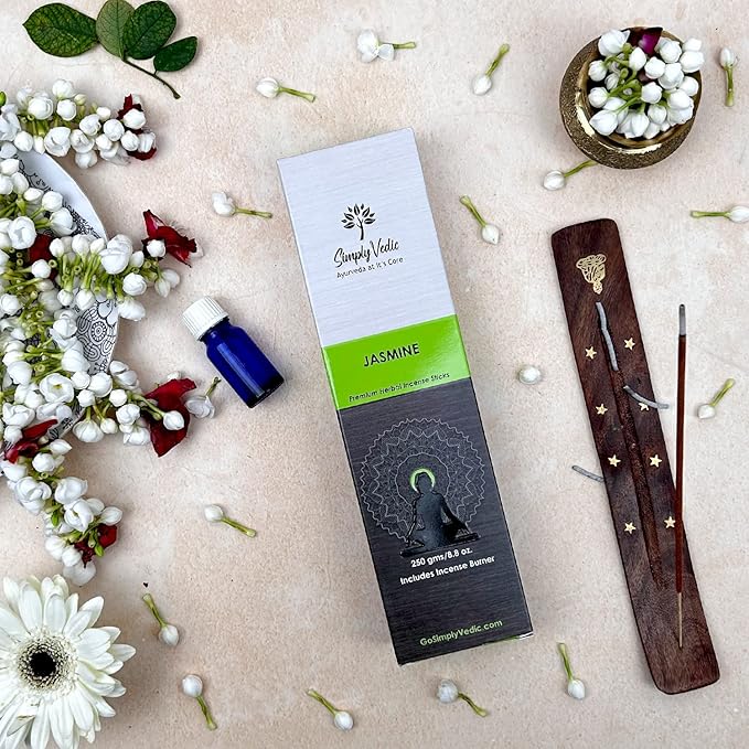 Simply Vedic Jasmine Incense Sticks – 250g Pack (Approx. 135 Handmade Sticks + Incense Holder) | 45-Minute Burn | Natural Essential Oils for Meditation, Yoga, Aromatherapy & Spiritual Use