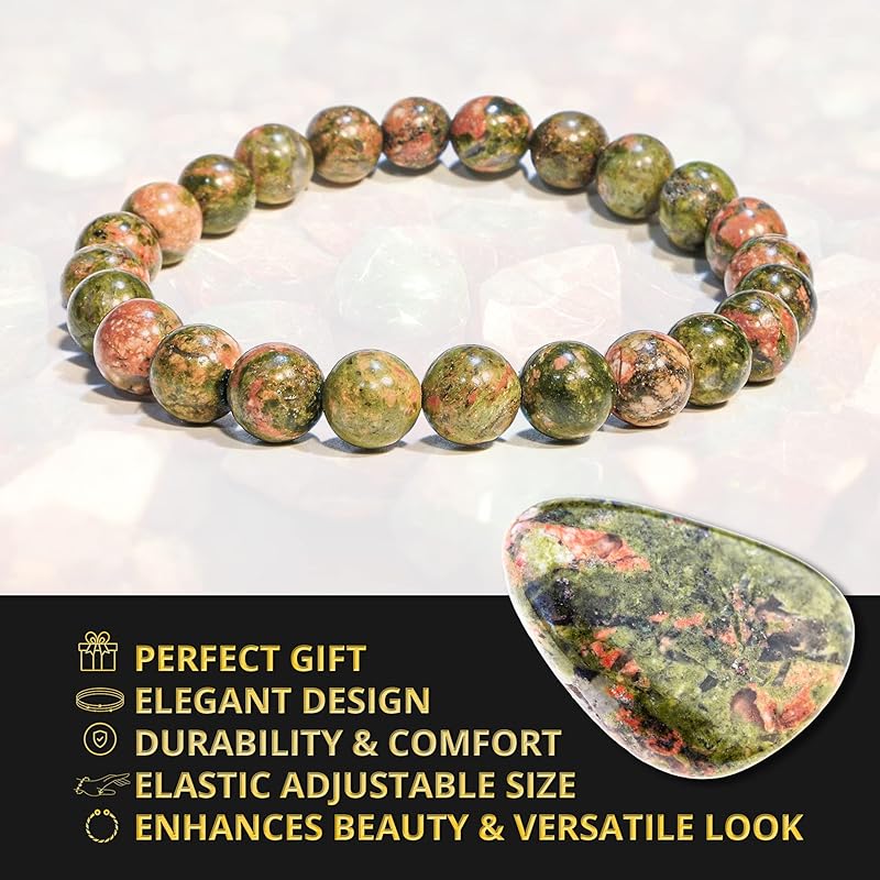 Genuine Unakite Bracelet, Natural Healing Crystal Bracelet for Women and Men, 8mm Round Beaded Bracelet for Relieve Stress, Depression, love, Elastic Adjustable Size Gemstone Bead Bracelet