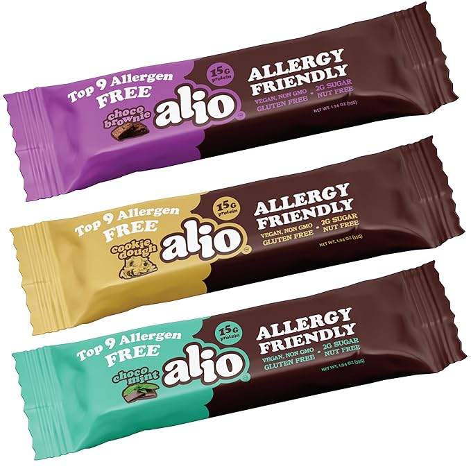 Alio Protein Bars - 3-Flavor Combo Box (12 Bars) – Free From The Top 9 Food Allergens, High Protein, Low-Calorie, Vegan, Gluten-Free, Nut-Free, Non-GMO, Plant-Based, Seed Oil Free, Delicious & Healthy Snack