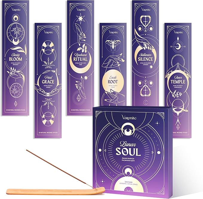 Lunar Soul Incense Sticks with Holder - Incense Stick Variety Pack of 6 (120 Insence-Sticks): Bergamot, Cedar, Jasmine, Lavender, Rose, Frankincense – Calm Mind, Meditation & Aromatherapy
