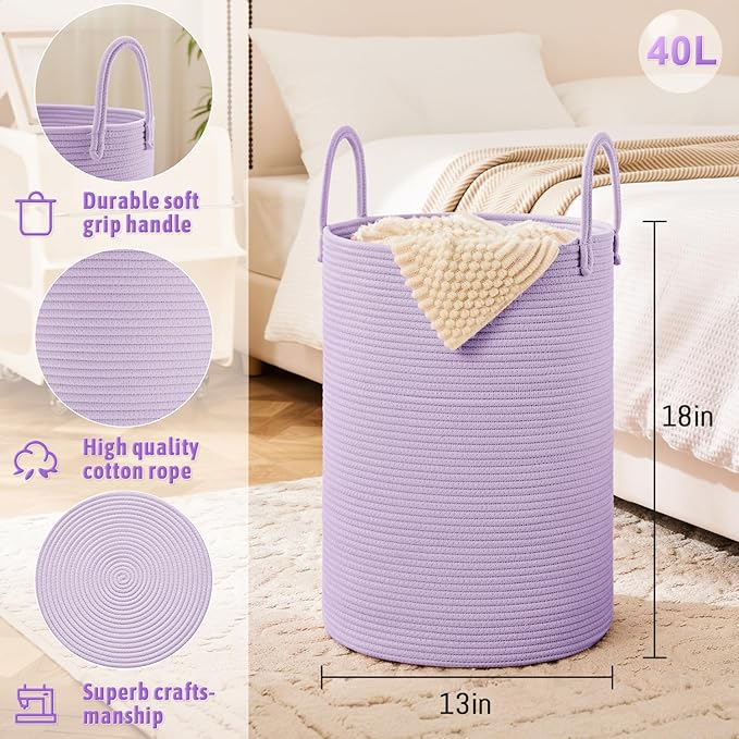 Laundry Basket,Woven Cotton Rope Laundry Hamper,40L for Decorative Storage of Dirty Clothes,Toys and Blankets in Bathroom,Baby Room and Living Room