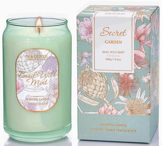 M&SENSE Basil Mint Candles for Home Scented, 10.6 Oz Soy Wax Candles Non Toxic Jar Candle Up to 60 Hours Long Burning Home Fragrance Gift for Stress Relief, Meditation, Yoga