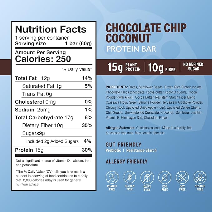 Amrita Nut Free Chocolate Chip Coconut Vegan Protein Bars (12 Count) | 12g Plant-Based Protein Bar | Peanut Free, Gluten Free, and Dairy Free | Low Sugar, High Fiber, Healthy School-Safe Snacks