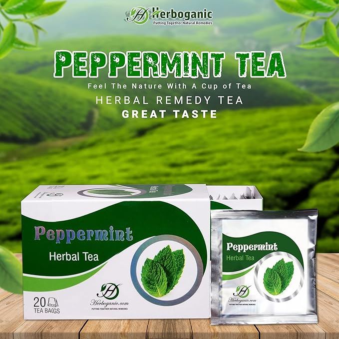 HERBOGANIC Peppermint Herbal Tea - Digestion Support and Immune Boost | Refreshing and Delicious Blend | Natural Ingredients | 20 Tea Bags