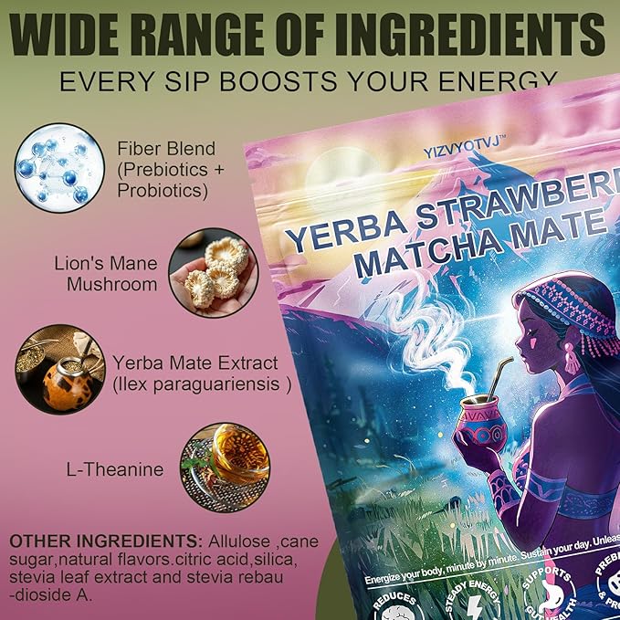 40 Servings (14.1oz) Yerba Mate Instant Tea Powder, 3-in-1 Strawberry Matcha Flavored Low Sugar Super Drink to Support Energy & Focus with Prebiotics and Probiotics