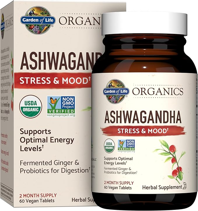 Garden of Life Organic Ashwagandha Supplement with Probiotics & Ginger - Stress, Mood & Energy Support, Vegan, Gluten Free, Non GMO, 2 Month Supply, 60 Tablets