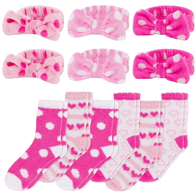ANBALA 6 Soft Spa Headband and 6 Fuzzy Socks Spa Party Supplies Stuff Accessories for Slumber Party (Pink)