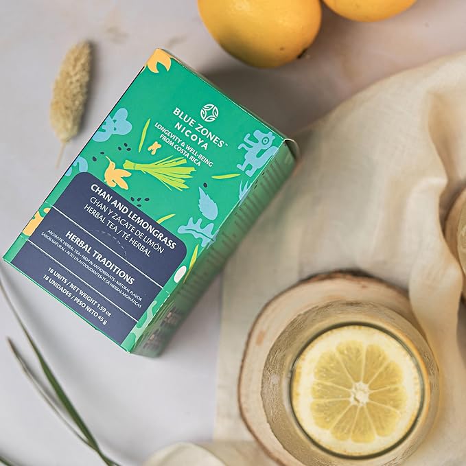 Blue Zones Nicoya - Chan & Lemon Grass Flavored Tea Bags - 100% Natural, Organic, and Refreshing - High Micronutrients - Gluten, Caffeine, Sugar-Free - Pack of 18 (1.59 oz/ 45 g)