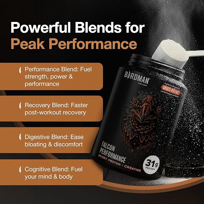 Birdman Falcon Performance Vegan Protein Powder, 31g Protein, 5g Creatine, 5g BCAA, Probiotics, Electrolytes, Pre Workout, Low Carb, Sugar Free & Dairy Free, Plant Based Chocolate Protein -19 servings