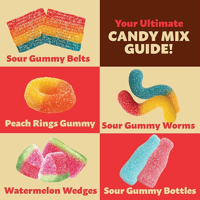 Gummy Candy Bulk 2 Pound Bag | Sour and Sweet Gummy Mix | Peach Rings, Worms, Bottles, Mini Belts, Watermelon Wedges | Party Gummies Variety Pack | Assorted Chewy Candies