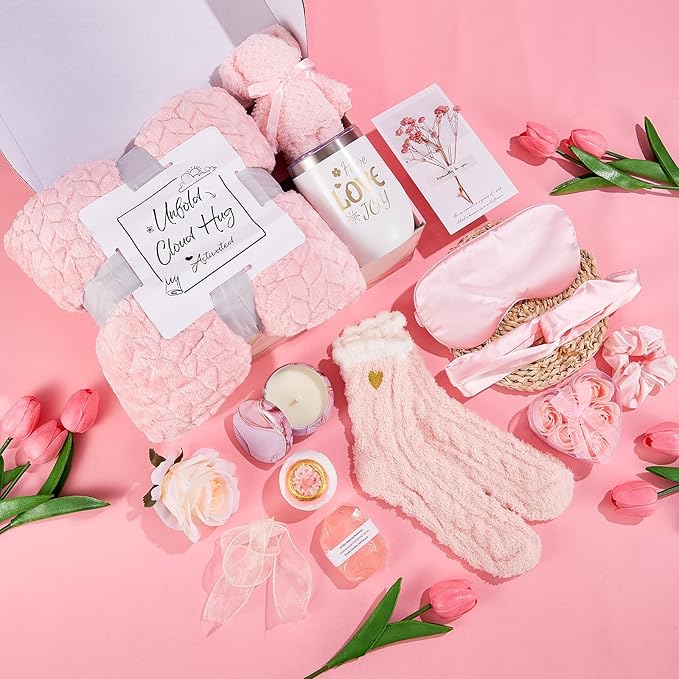 Birthday Gifts for Women - Luxury Self Care Gift Basket for Her, Mom, Sister, Bestied Coworker - Unique Spa Care Package with Flannel Blanket - Ideal for Mother's Day, Get Well Soon