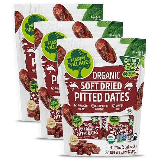 Happy Village Organic Soft Dried Pitted Dates On the Go – 3 Bags (15 Individual Portion Packs) | Healthy, Organic, Non-GMO, Vegan, Kosher, Gluten-Free Snack Packs