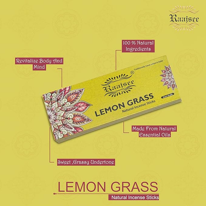 Raajsee Incense Sticks Lemon Grass 100 gm Pack-100% Pure Organic Natural Hand Rolled Free from Chemicals-Perfect for Church, Aromatherapy,Relaxation,Meditation,Positivity & Sensual Therapy