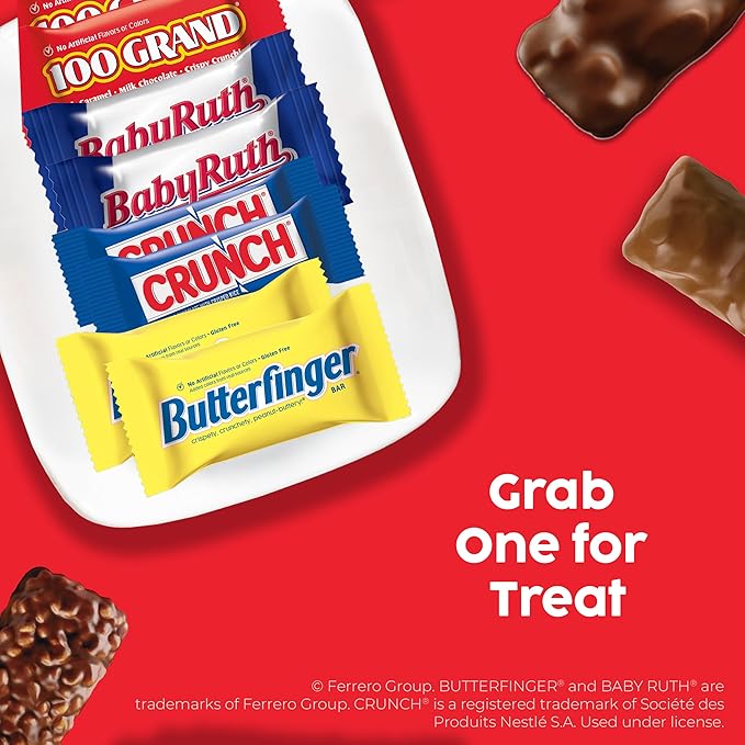 Butterfinger, CRUNCH, Baby Ruth, 100 Grand Fun Size Assorted Candy Bars, Great for Sharing, Bulk 60 Count Pack, 37.2 oz