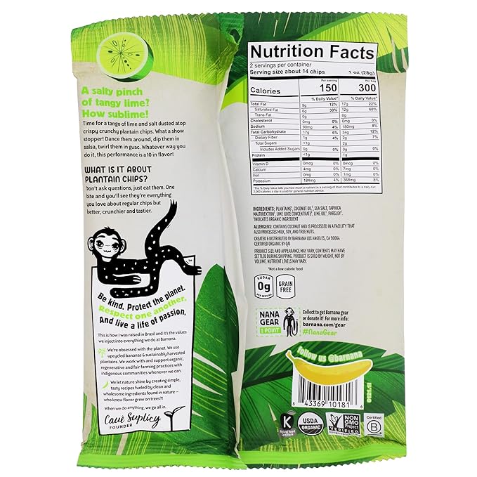 Barnana - Organic Plantain Chips, Acapulco Lime, Healthy Snack Made With 100% Coconut Oil, Non-GMO, Potato Chip Alternative, Zero Sugar, Paleo, Grain-Free Chips, Vegan, USDA Organic (2 oz, 6-Pack)