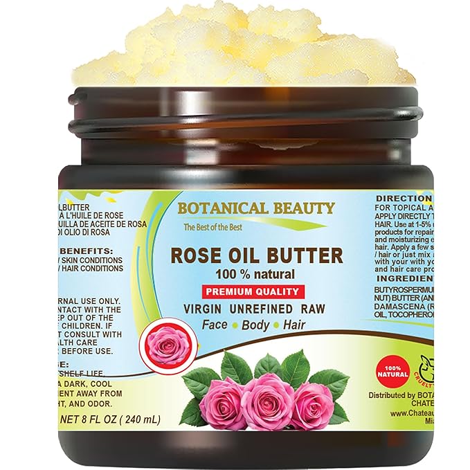 Botanical Beauty ROSE OIL BUTTER 100% Natural Rose Essential Oil in Shea Nut Butter for FACE SKIN BODY HAIR NAILS Beauty Skin Moisturizer Oil Butter Skin Nourishing (8 Fl Oz)