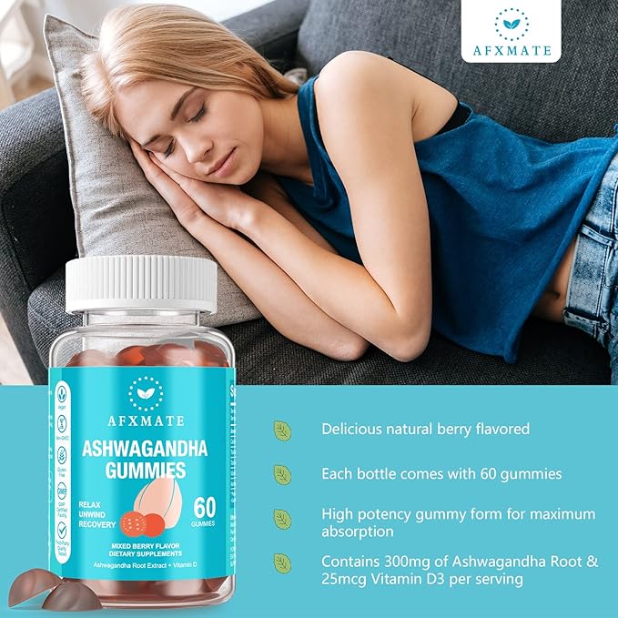 AFXMATE Ashwagandha Gummies & Vitamin D Gummies for Men & Women 120 Count Aswangdha Supplement (Non-GMO, Sugar Free & Gluten Free)
