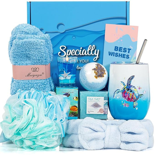 Ocean Gifts Self Care Package for Women, Ocean Spa Gifts for Sea Turtle Lovers, Coastal Beach Theme Relaxing Spa Bath Basket for Her Sister Friends Mom Thinking of You Birthday Christmas