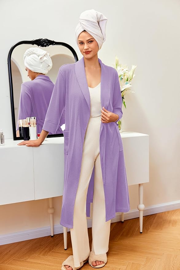 Ekouaer Robes for Women Long Waffle Knit Bathrobe Lightweight Kimono Robe Soft Shawl Collar Spa Robes with Pockets S-XXL