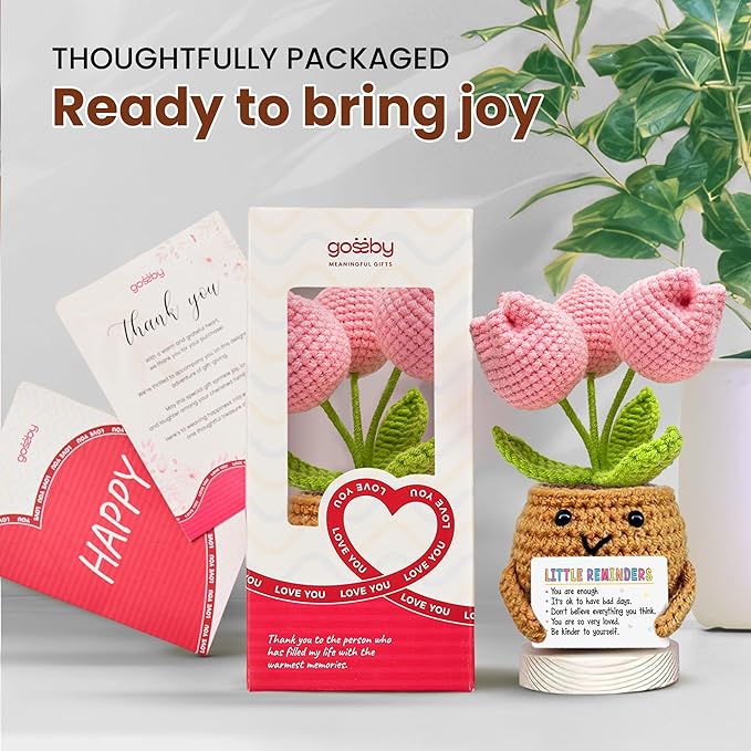 Gossby Handmade Positive Tulip Flower Crochet - Little Reminder You are Enough - Inspirational Gift for Women - Positive Energy, Apreciation, Farewell, Retirement, Goodbye Gift for Coworker