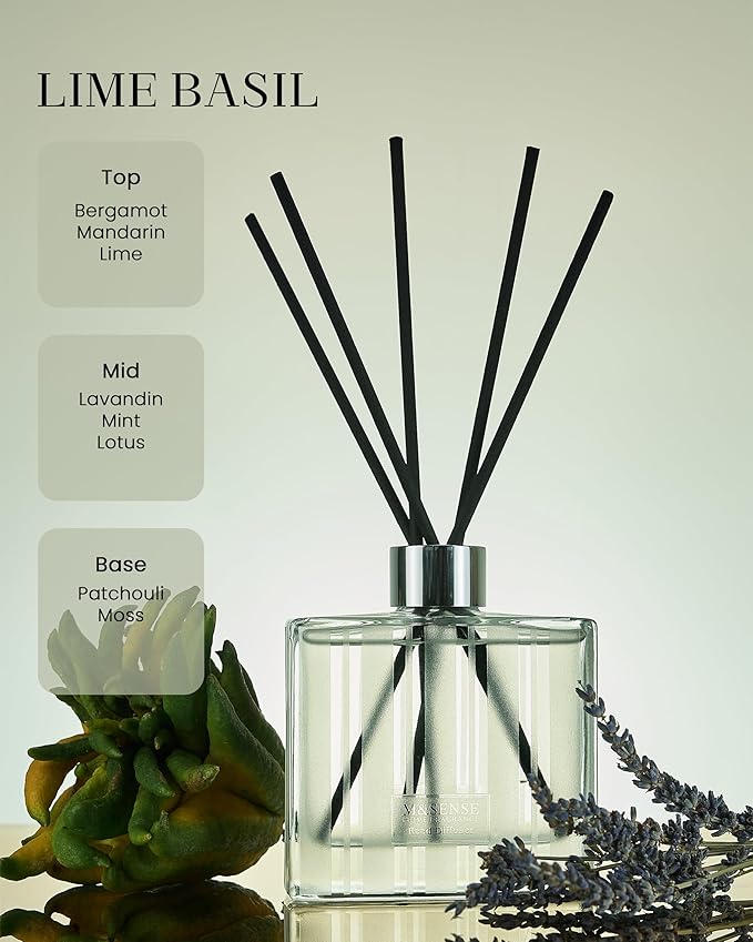 M&SENSE Lime Basil Reed Diffuser Set - 7.04oz Scent Diffusers for Home, Non-Toxic Essential Oil Diffuser with Sticks, Fragrance Diffuser Gift for Bedroom Bathroom Office