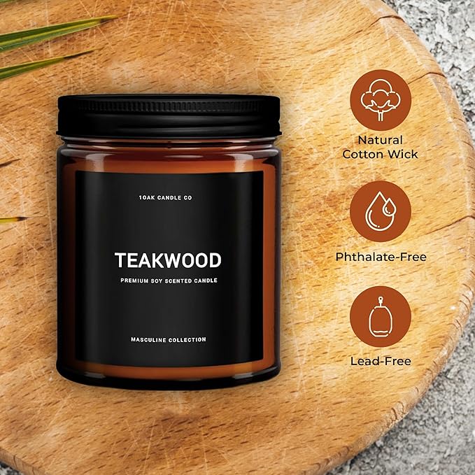 1OAK Scented Candles for Men - Teakwood & Masculine - Soy Wax, Long Burning Premium