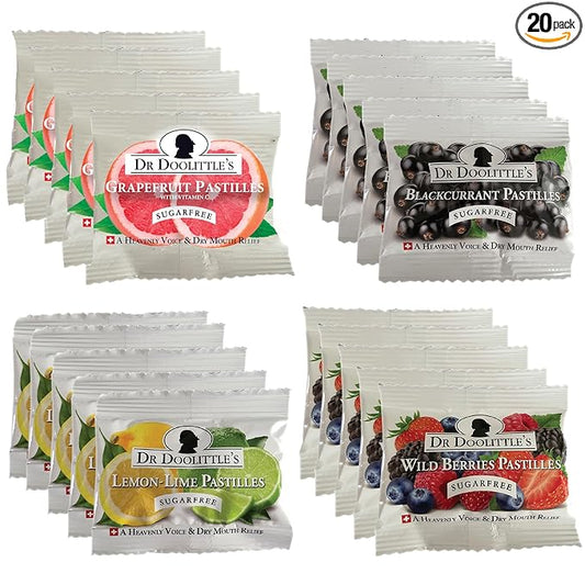 Dr. Doolittle’s Pastilles Sugar Free Variety Pack for Voice and Throat, Blackcurrant, Grapefruit, Lemon Lime, and Wild Berries, .33 oz Travel Size Bag, approximately 4 Count, 20 Pack