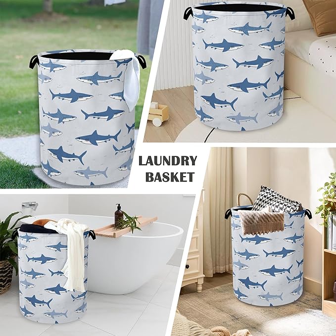 Cute Shark Laundry Basket,Foldable Oxford Cloth Tote Bag Laundry Hamper Clothes Storage Bucket Organizer for Bedroom Laundry Storage Dormitories 16" x 20.8"
