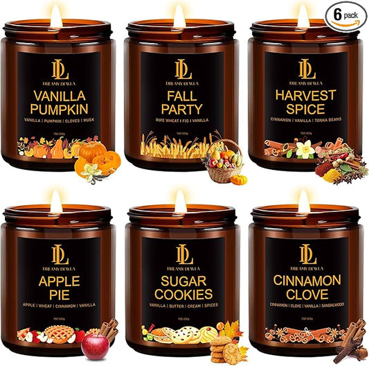 Fall Candle Set, Fall Scented Candles for Home, 6 Pack Soy Candle Set, Autumn Gifts for Women Men, Autumn Scents of Vanilla Pumpkin/Cinnamon Clove/Apple Pie/Harvest Spice/Sugar Cookies/Fall Party