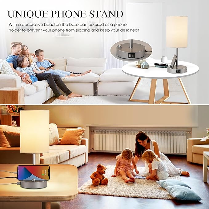 Briever Touch Control Table Lamp for Bedroom, 3-Way Dimmable Nightstand Lamp with USB Charging Ports, Bedside Desk Lamp with Silver Base Phone Stand & Linen Fabric Shade, Bulb Included