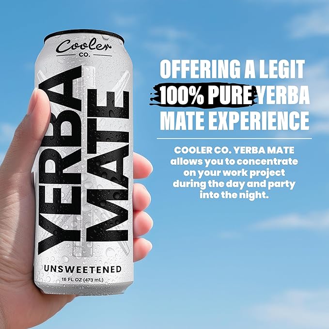 COOLER CO. | YERBA MATE | 12 Pack | 100% Organic Yerba Mate Caffeine | 150 mg Caffeine | 3 Organic Ingredients | Natural Ingredients | No Artificial Colors or Stimulants | Unsweet Flavor