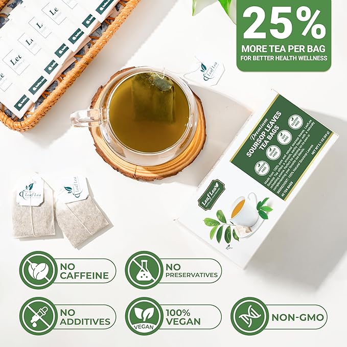 LeafLea 40 Premium Soursop Leaf Tea Bags, Pure & Natural Sour Sop Leaves, Graviola Leaves Tea, Hoja Guanabana Tea, Natural Digestion Support Herbal Tea Bags, Nutrient-Rich, No Sugar, No Caffeine