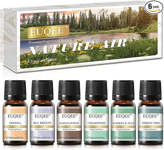 EUQEE Nature Air Premium Grade Scented Oils Gift Set - Sea Breeze, Forest Pine, Bamboo & Teak, Cedarwood, Sandalwood, Freesia (10ml)