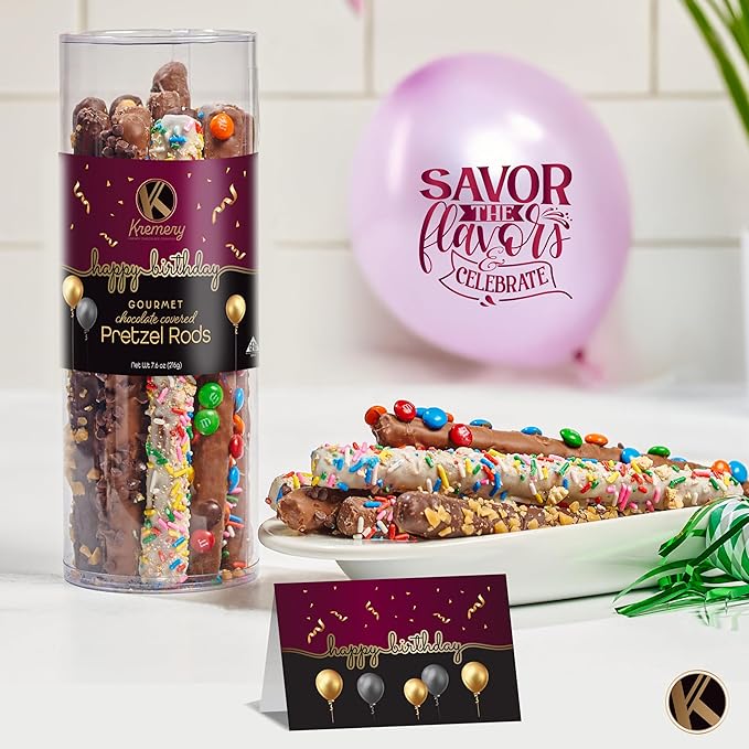 KREMERY Creamy Chocolate Cravings - Birthday Treats, Chocolate Covered Pretzel Rods Gift Basket, in Clear Tube + Greeting Card (8 Pretzels, Assorted Sweet Toppings) Food Assortments USA Made