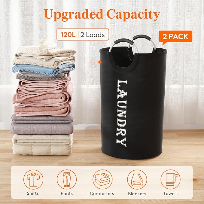 Lifewit 120L 2-Pack Large Laundry Basket, Collapsible Laundry Hamper with Aluminum Handles, Waterproof Freestanding Dirty Clothes Hampers for Laundry Room Bedroom Dorm Bathroom, Black